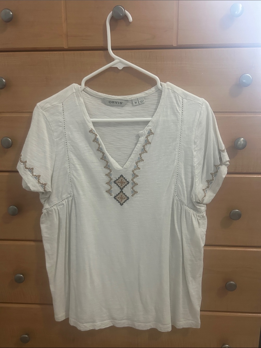 Orvis Cream Short-Sleeve Embroidered V-Neck Blouse